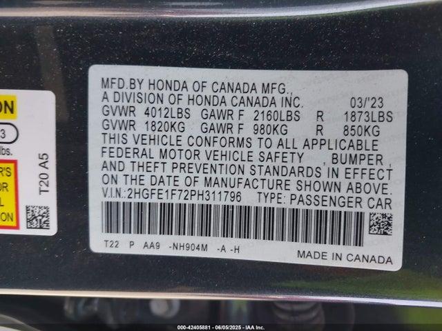 Honda l15b7 2023 2HGFE1F72PH311796 Image 9