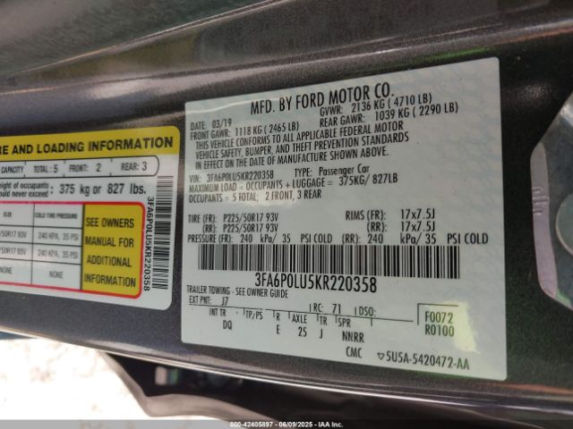 2019 FORD FUSION HYBRID 3FA6P0LU5KR220358 Photo 8