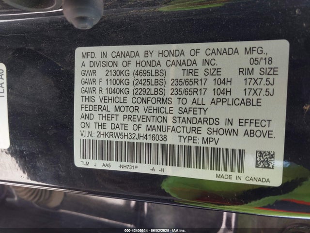 2HKRW5H32JH416038 Honda k24w9/k24v9