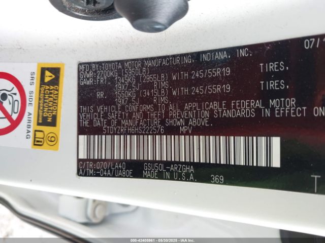 5TDYZRFH6HS222576 Toyota Highlander Limited