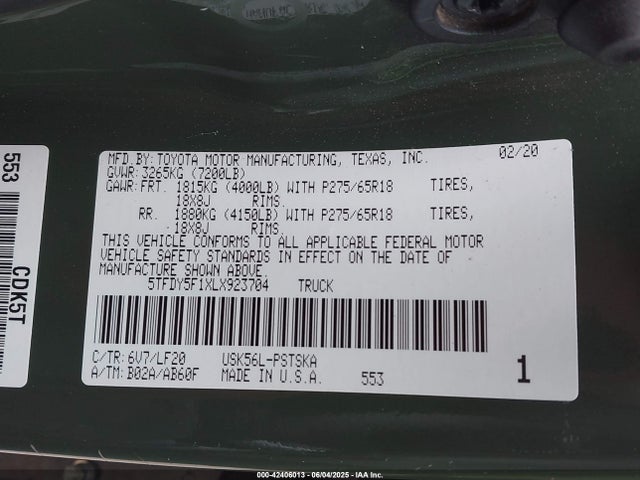 5TFDY5F1XLX923704 Toyota 3ur-fe