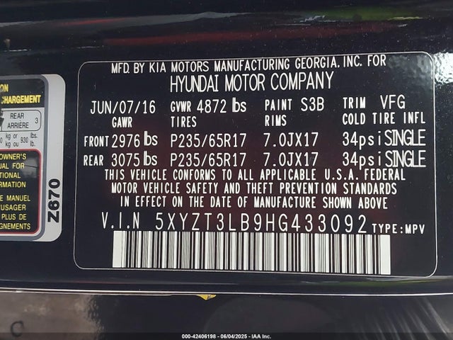 5XYZT3LB9HG433092 Hyundai gdi theta ii