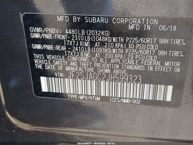 Subaru naturally aspirated u5 2018 JF2SJAGC2JH599323 Image 9