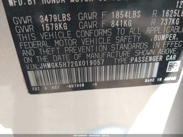 JHMGK5H72GX019057 Honda FIT EX