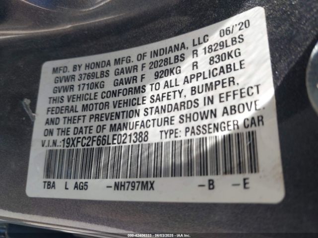 2020 HONDA CIVIC 19XFC2F66LE021388 Photo 8