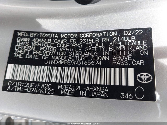Auction sale of the 2022 Toyota Corolla Se, vin: JTND4MBE5N3165694, lot number: 42406409