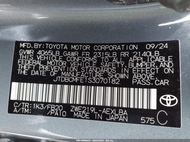 JTDBCMFE1S3070182 Toyota 2zr-fxe