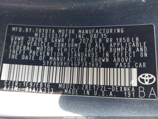 5YFBURHE4GP381692 Toyota COROLLA LE