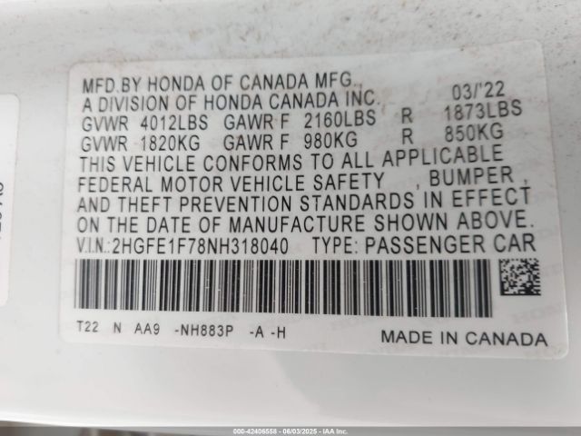 2022 HONDA CIVIC 2HGFE1F78NH318040 Photo 8