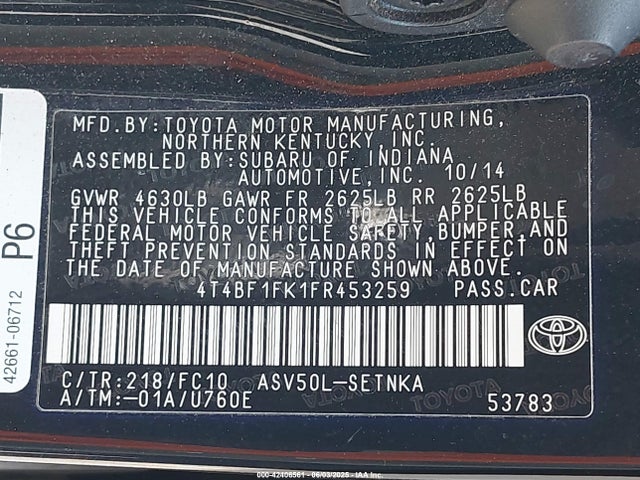 4T4BF1FK1FR453259 Toyota 2ar-fe