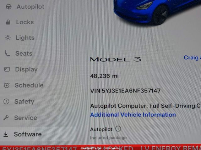 5YJ3E1EA6NF357147 Tesla 2022