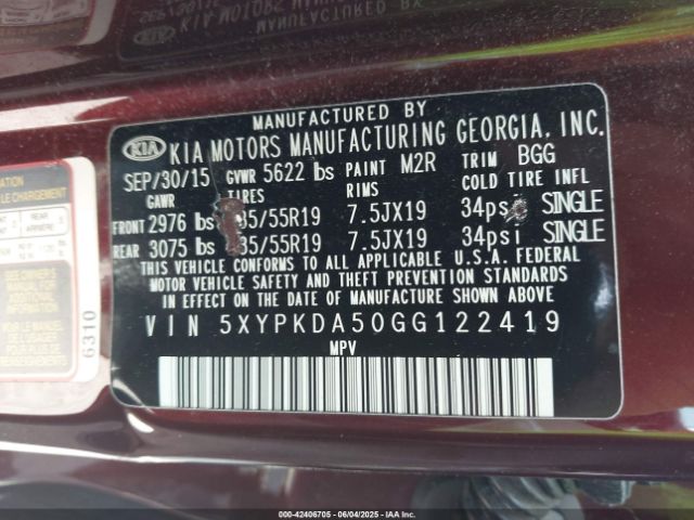 5XYPKDA50GG122419 KIA Sorento 3.3l Sx