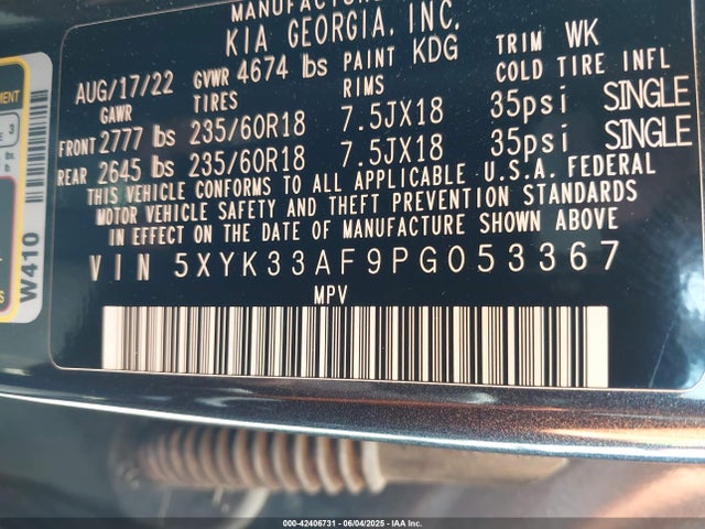 5XYK33AF9PG053367 KIA gdi theta iii