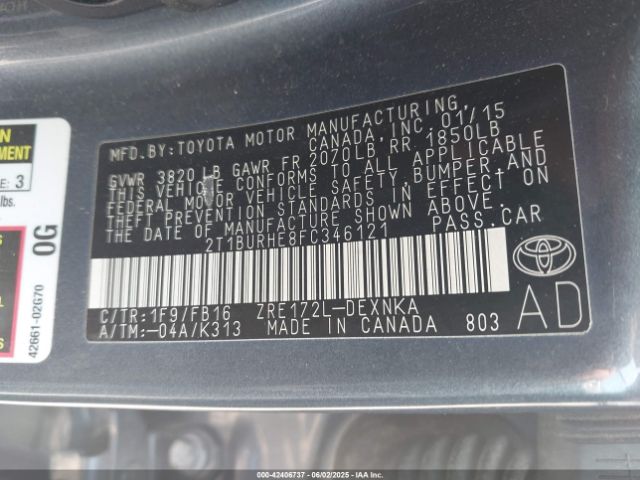 2T1BURHE8FC346121 Toyota COROLLA LE