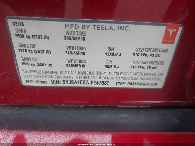 Tesla MODEL S 2018 5YJSA1E27JF247637 Image 9