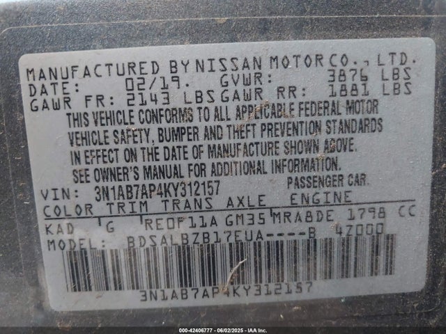 3N1AB7AP4KY312157 Nissan 2019