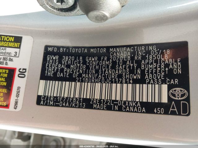 2T1BURHE0JC117814 Toyota 2zr-fe
