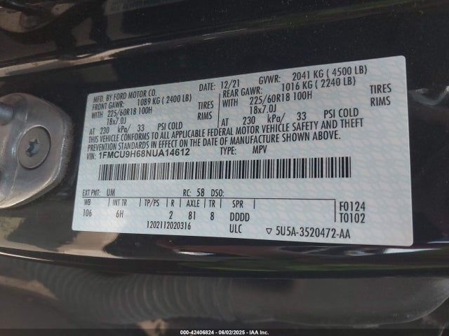 1FMCU9H68NUA14612 Ford dragon di tc