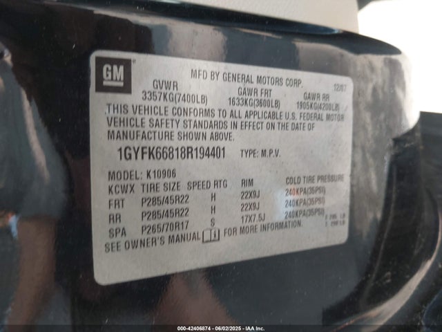 2008 CADILLAC ESCALADE ESV 1GYFK66818R194401 Photo 8