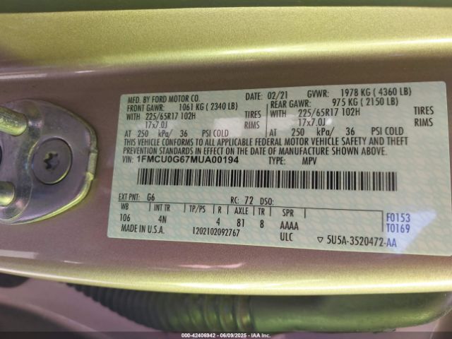 2021 FORD ESCAPE 1FMCU0G67MUA00194 Photo 8