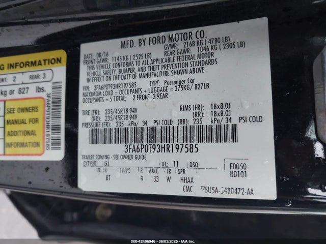3FA6P0T93HR197585 Ford 2.0l gtdi premium fuel