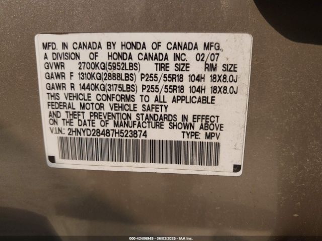 2007 ACURA MDX 2HNYD28487H523874 Photo 8