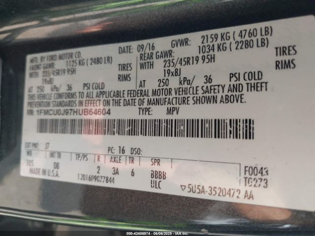 1FMCU0J97HUB64604 Ford Escape Titanium