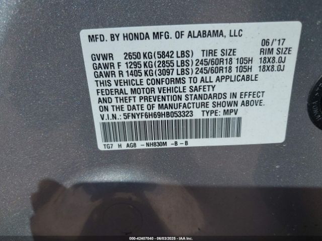 5FNYF6H69HB053323 Honda Pilot Ex-l