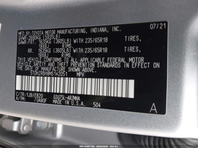 2021 TOYOTA HIGHLANDER 5TDHZRBH8MS142051 Photo 8