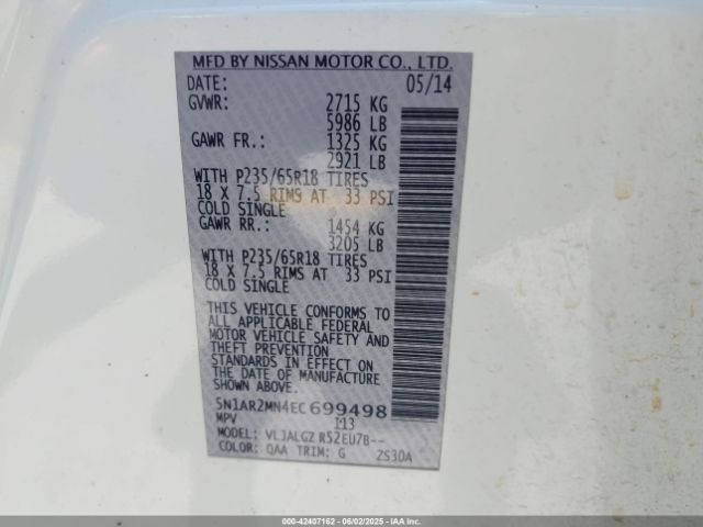 5N1AR2MN4EC699498 Nissan Pathfinder Sl