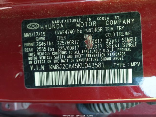 KM8J2CA45KU043581 Hyundai TUCSON SE