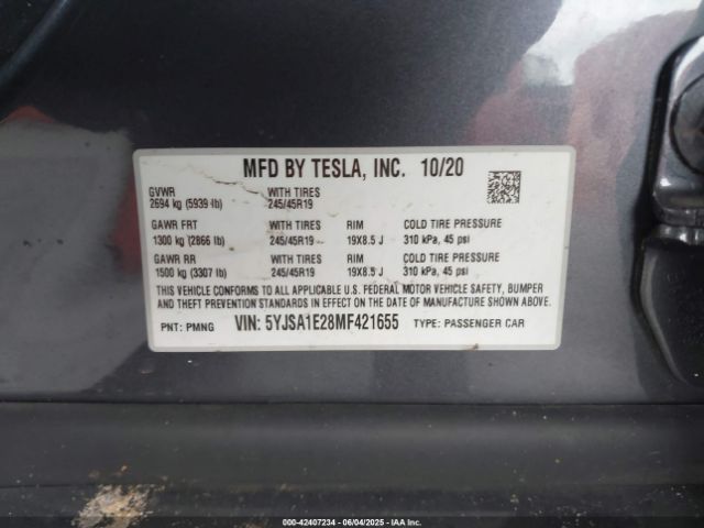 5YJSA1E28MF421655 Tesla 2021