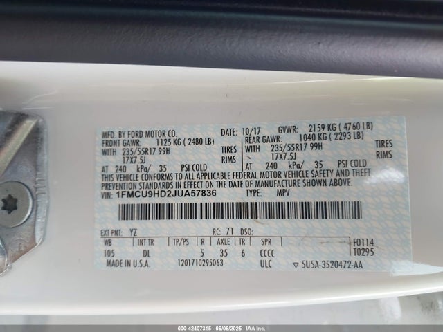 1FMCU9HD2JUA57836 Ford 1.5l gtdi sigma w/premium fuel