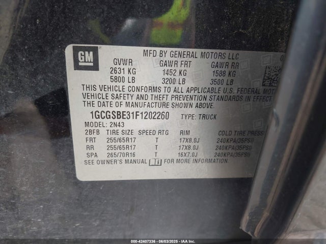 1GCGSBE31F1202260 Chevrolet lfx - sidi, vvt, e85 max, alum