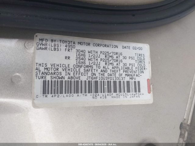 2000 LEXUS RX 300 JT6HF10U3Y0133137 Photo 8