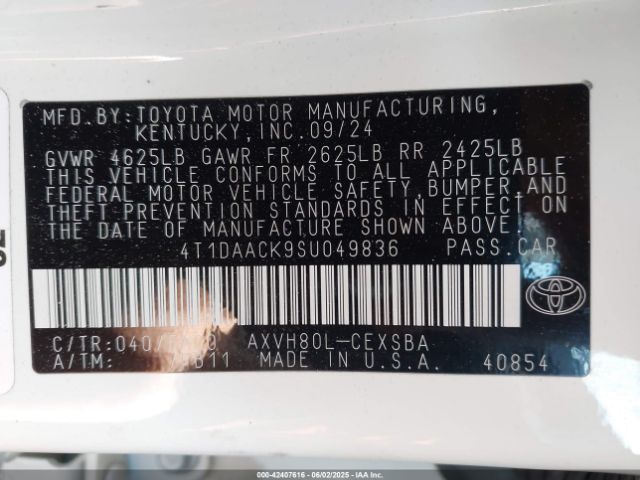 4T1DAACK9SU049836 Toyota CAMRY SE