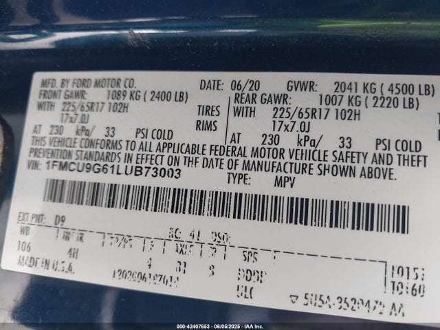 Ford 2020 2020 1FMCU9G61LUB73003 Image 9