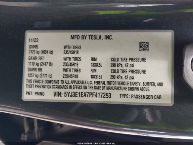 5YJ3E1EA7PF417293 Tesla 2023