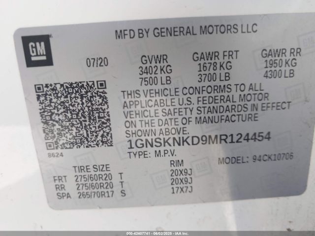 1GNSKNKD9MR124454 Chevrolet l84 - di, alum, gen 5, var 2
