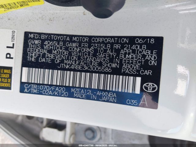 JTNK4RBE3K3005586 Toyota COROLLA SE