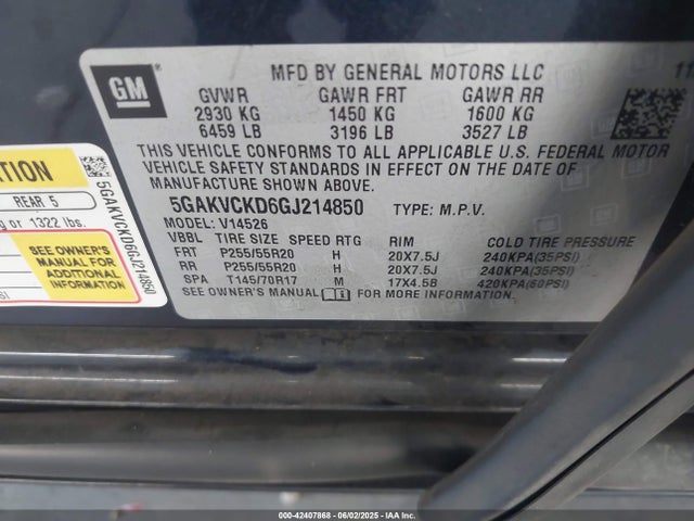 5GAKVCKD6GJ214850 Buick llt - sidi, alum, 60 degrees