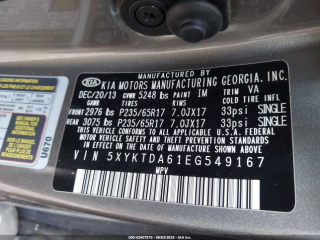 5XYKTDA61EG549167 KIA SORENTO LX