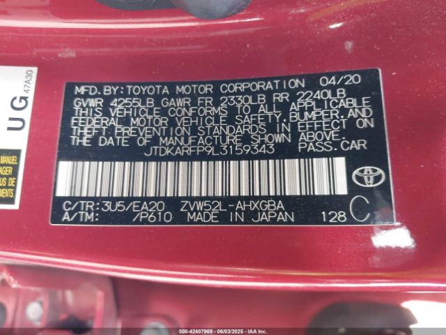 JTDKARFP9L3159343 Toyota 2zr-fxe+1nm+1sm