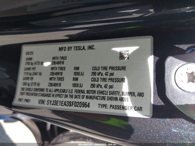 2025 TESLA MODEL 3 5YJ3E1EA3SF020964 Photo 8
