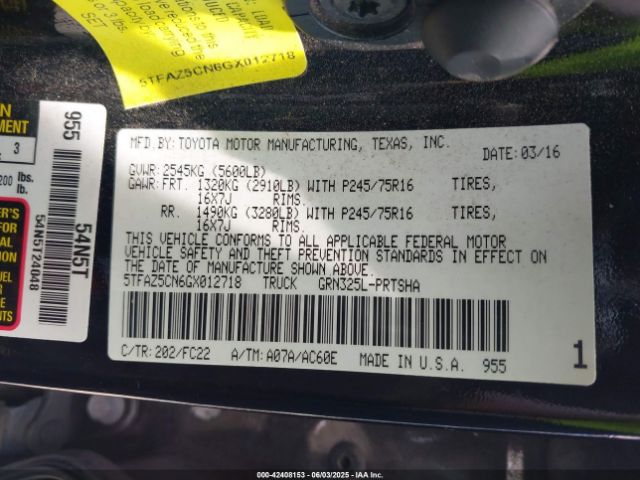 5TFAZ5CN6GX012718 Toyota 2gr-fks