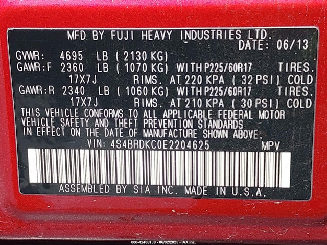 Subaru 3.6na u5 2014 4S4BRDKC0E2204625 Image 9