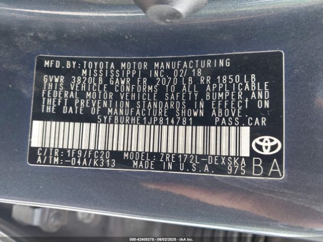 5YFBURHE1JP814781 Toyota COROLLA SE