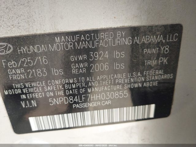 5NPD84LF7HH030855 Hyundai ELANTRA SE