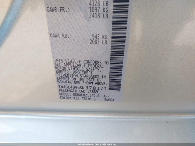 1N4BL4DV6SN378171 Nissan Altima Sv Fwd