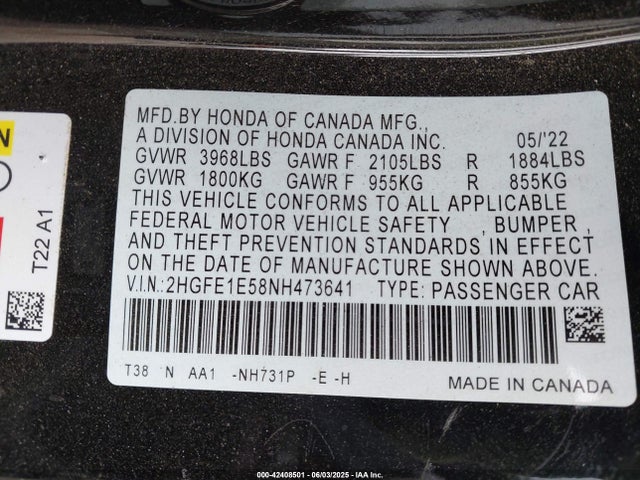 2HGFE1E58NH473641 Honda l15ca